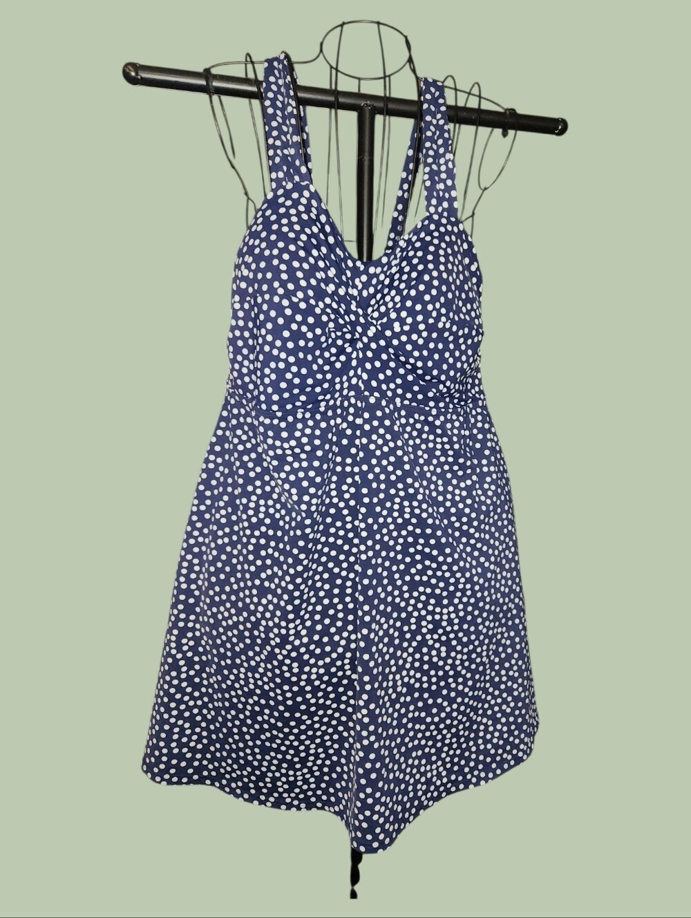 Lands' End Navy and White Polka Dot Swim Dress Underwire Bra Like New
